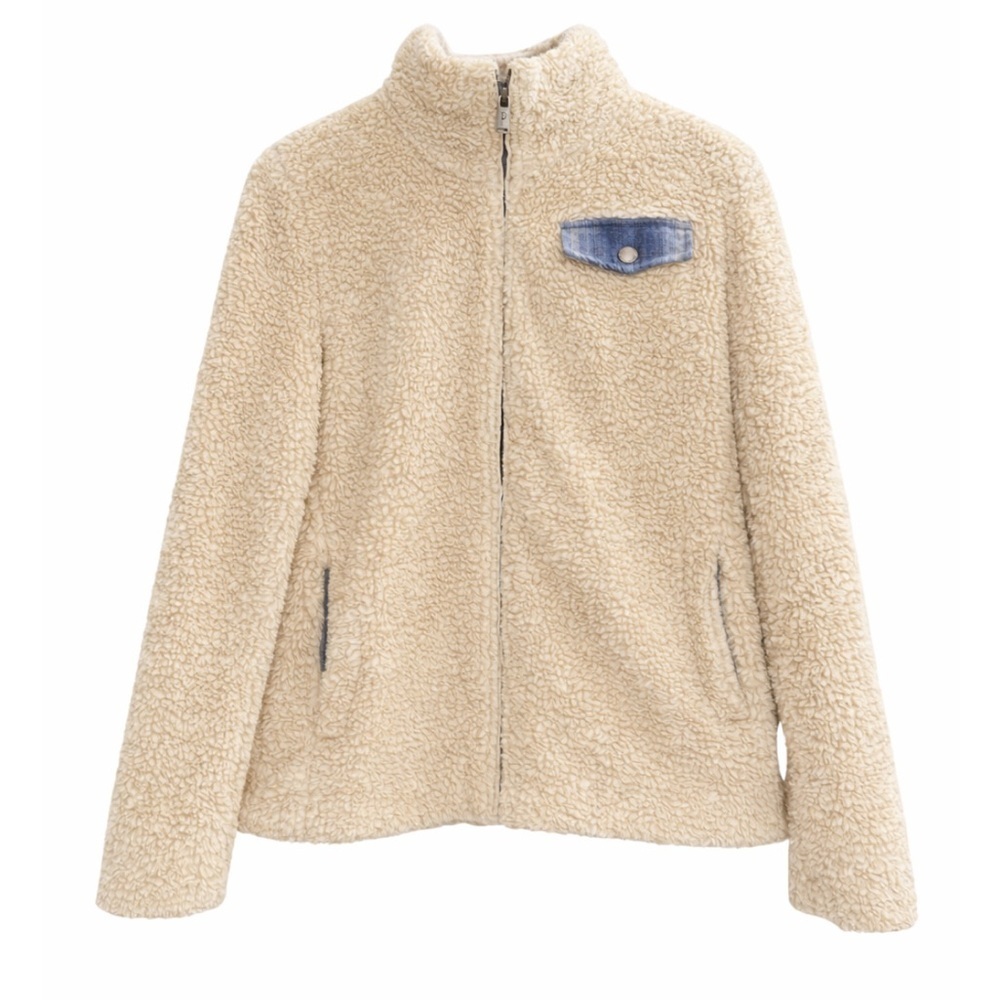 PENDLETON Ladies Fuzzy Zip Jacket in Sherpa Fleece with Plaid Contrast Size Smal